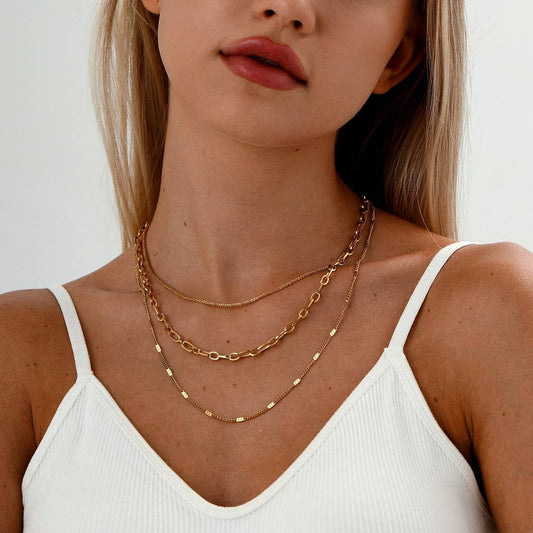 FASHIONABLE PRESSED PAPER CLIP THREE-LAYER NECKLACE