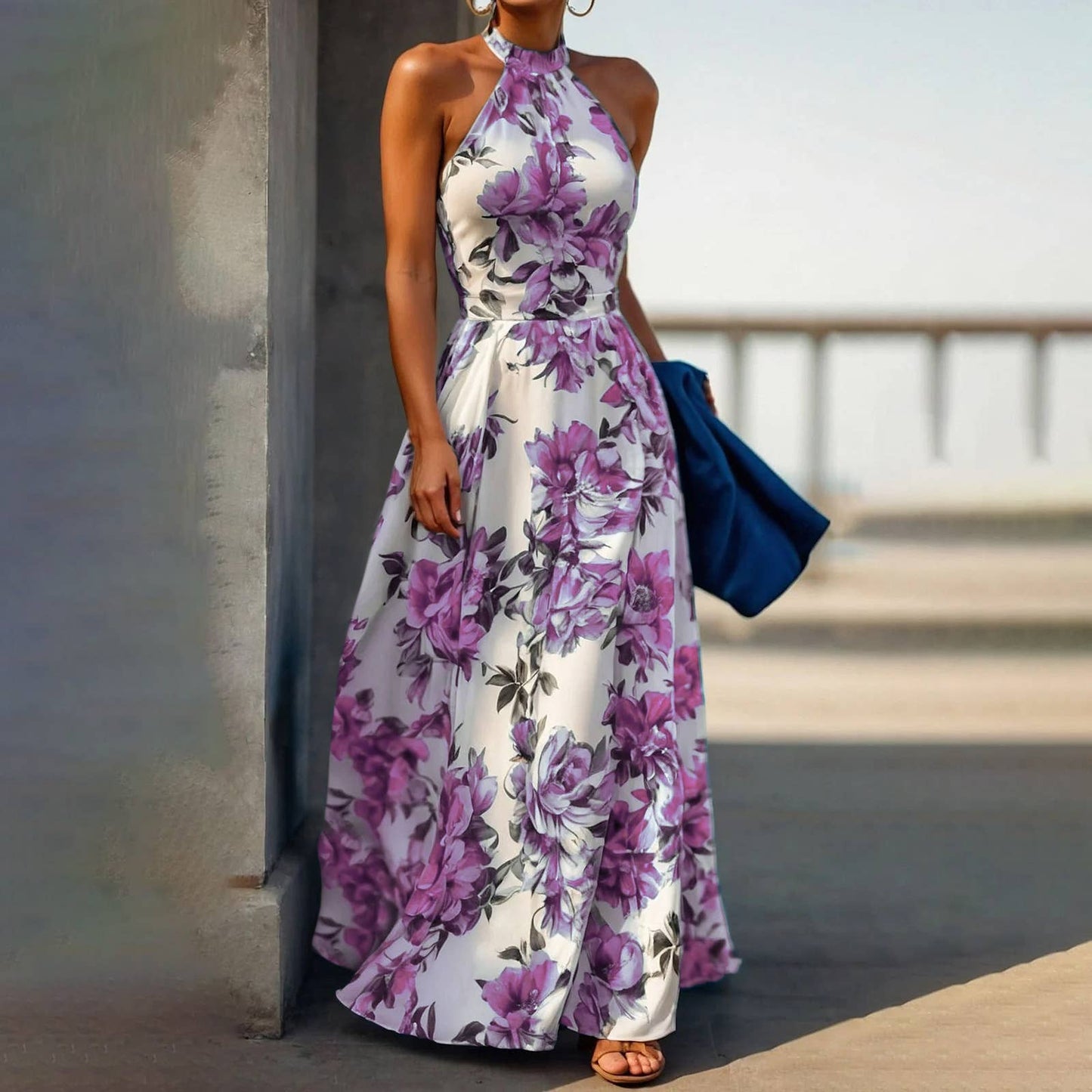 Vacation-style printed high-waisted beach dress