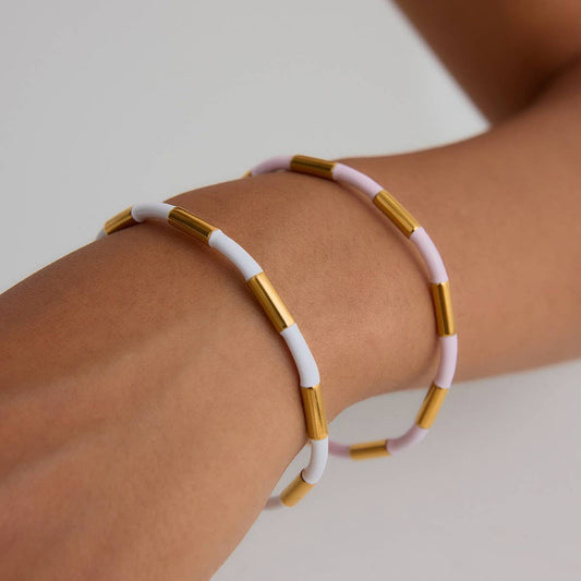 Classic 18K Gold Bamboo Pink Enamel Open Bangle