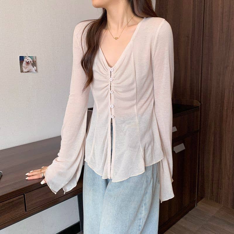 V-neck single breasted semi-transparent shirt