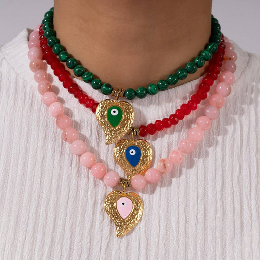 Colorful Beads Malachite Evil Eye Heart Necklace