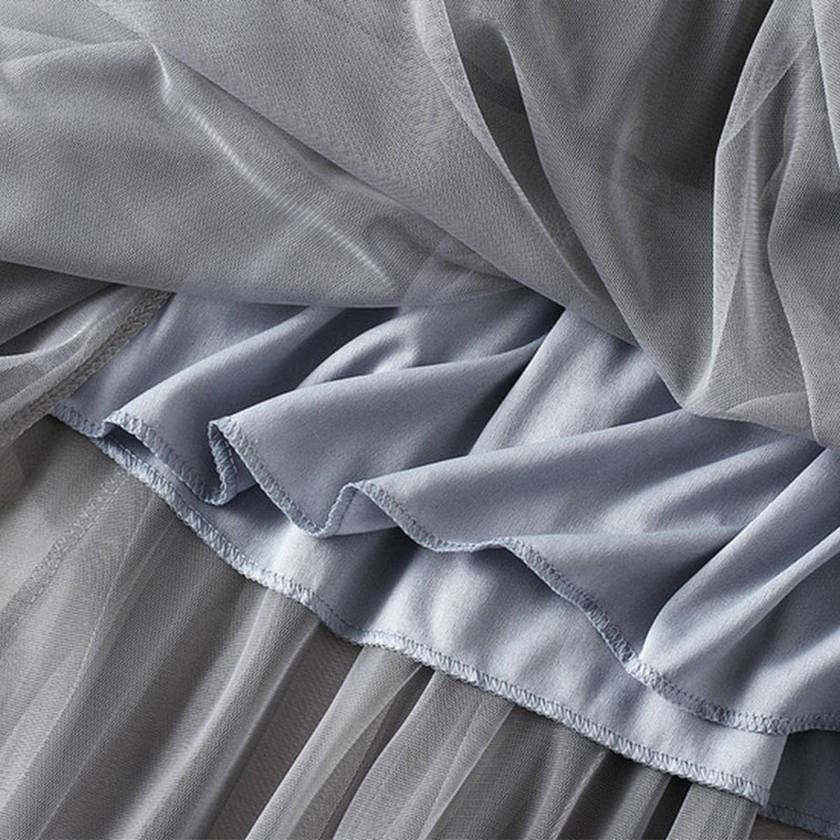 Ruffled Mesh Panel High-Waist Pleated Midi Skirt