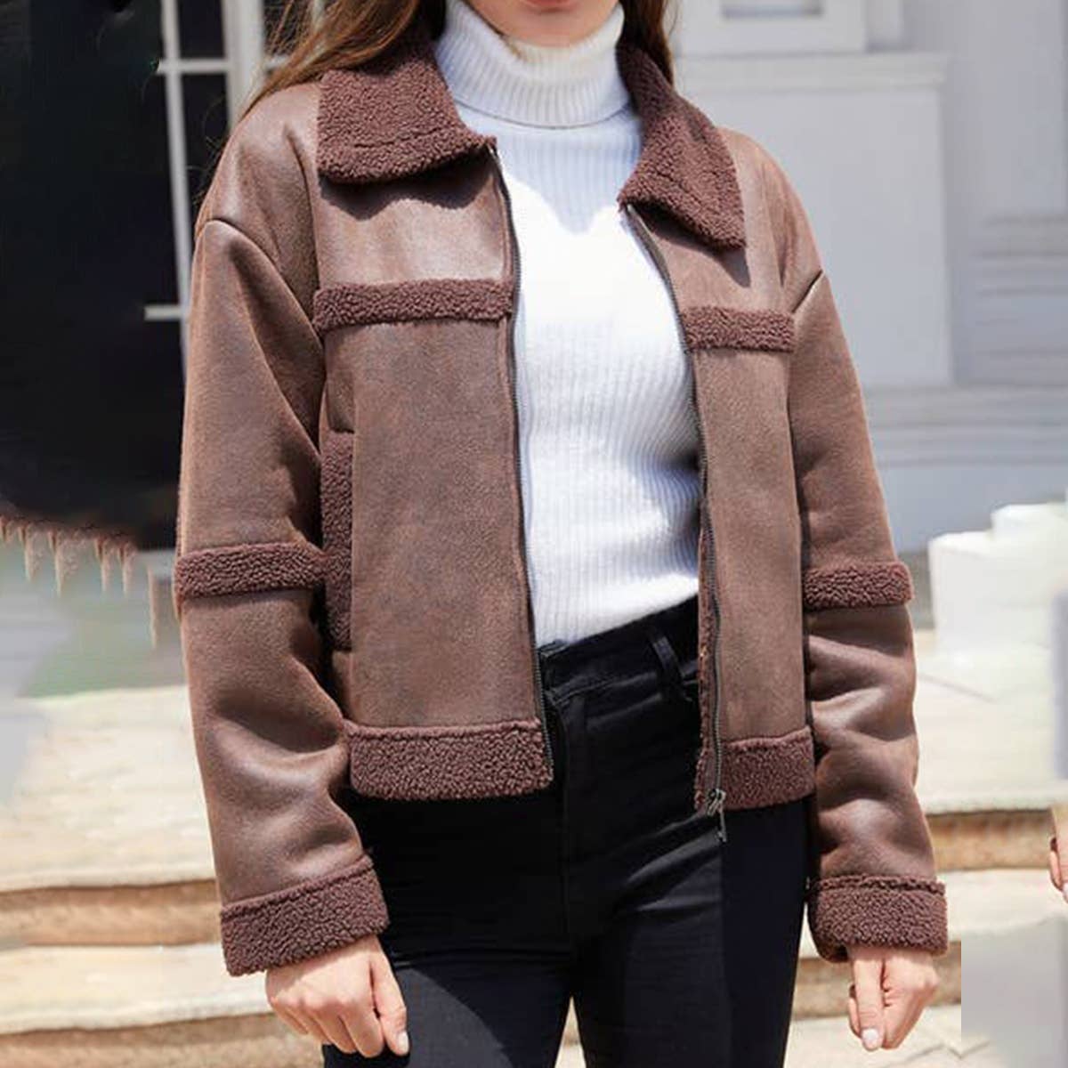 STYLISH WARM FUR COAT WITH FLEECE LAPEL