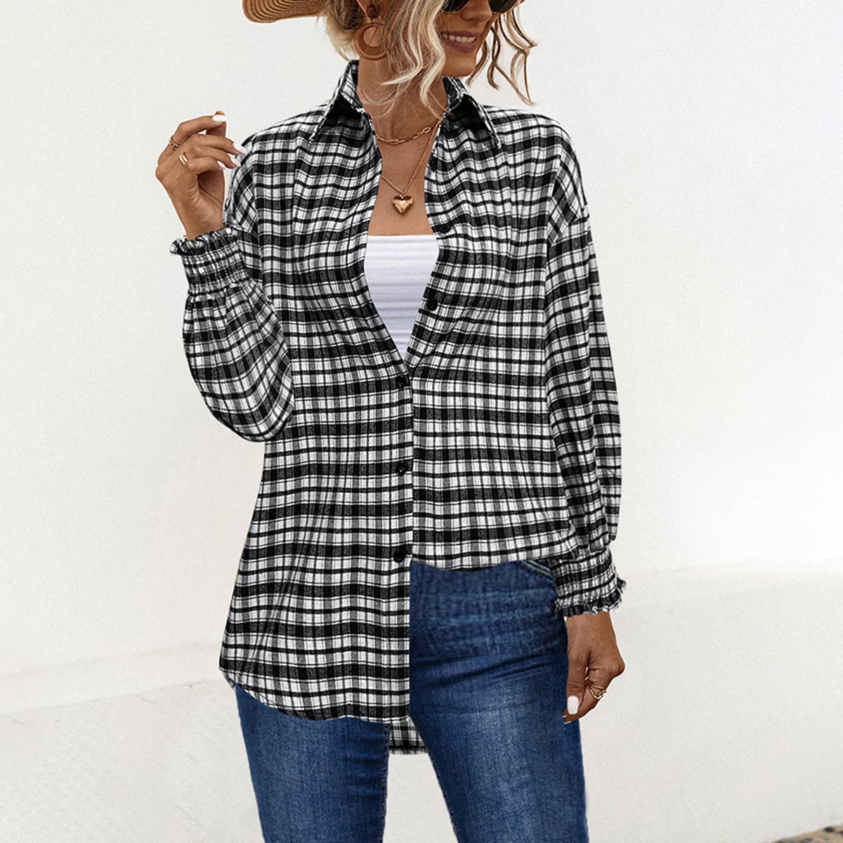 Temperament loose puffed sleeve plaid shirt