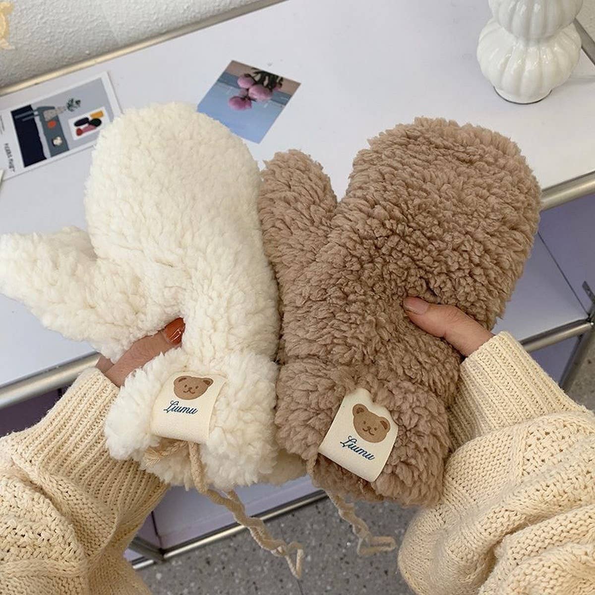 Cute Bear Fleece Mittens ? Warm Neck Strap Gloves_CWAG0178