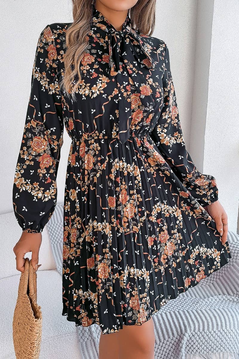 CWDSD6429_FLORAL LACE-UP LONG-SLEEVED PLEATED DRESS
