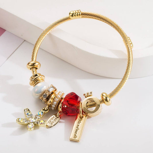 Gold Stainless Steel Bracelet with Flower Pendant