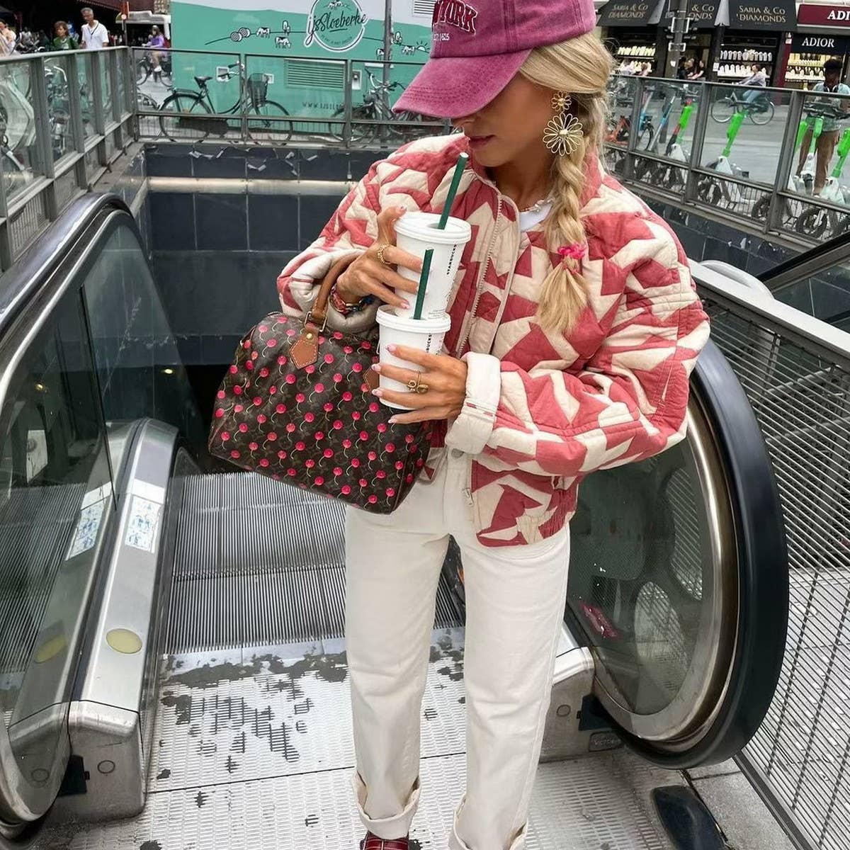 COLORBLOCK PRINT ZIP-UP QUILTED JACKET