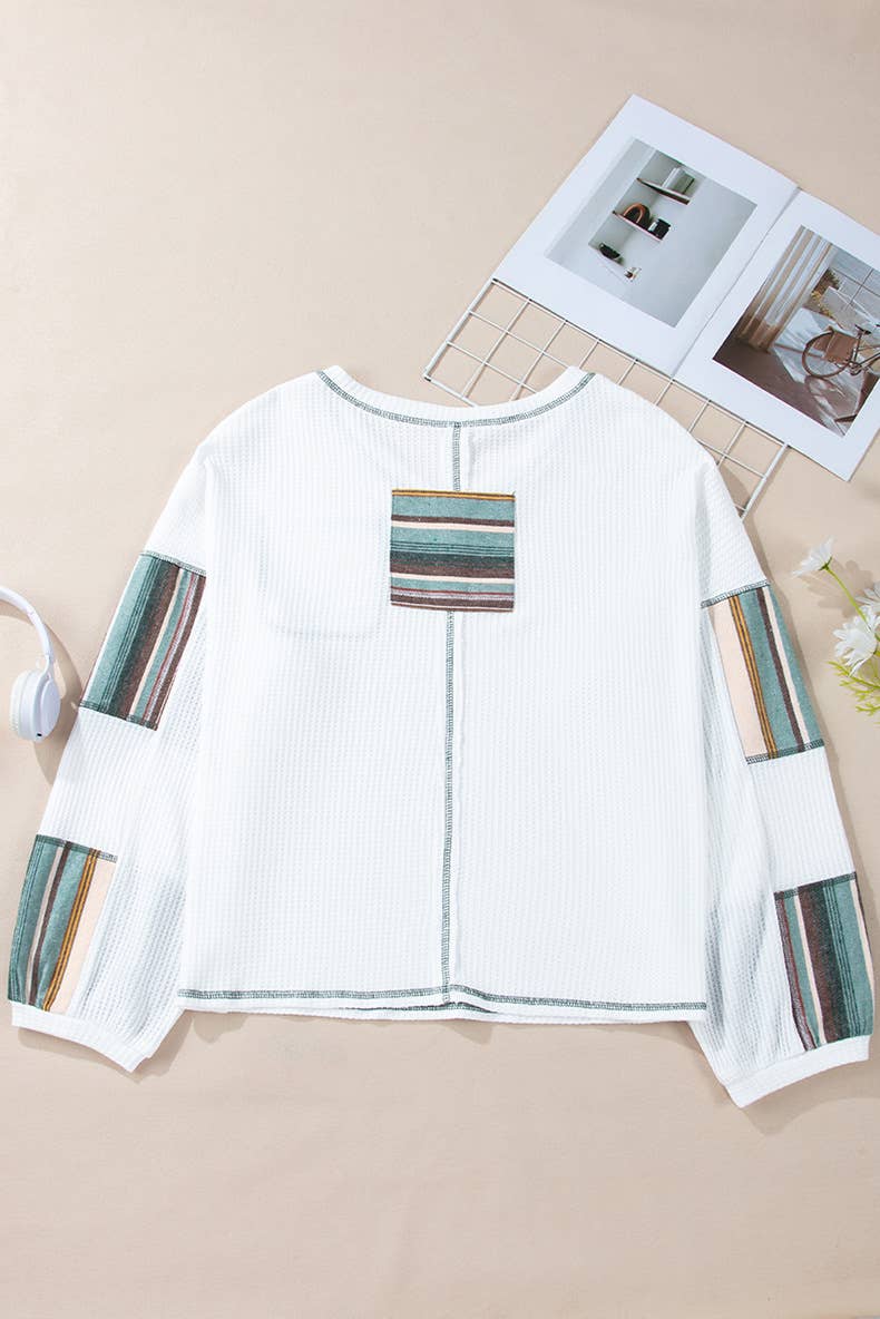 V-NECK, LONG-SLEEVED CASUAL WAFFLE SWEATSHIRT