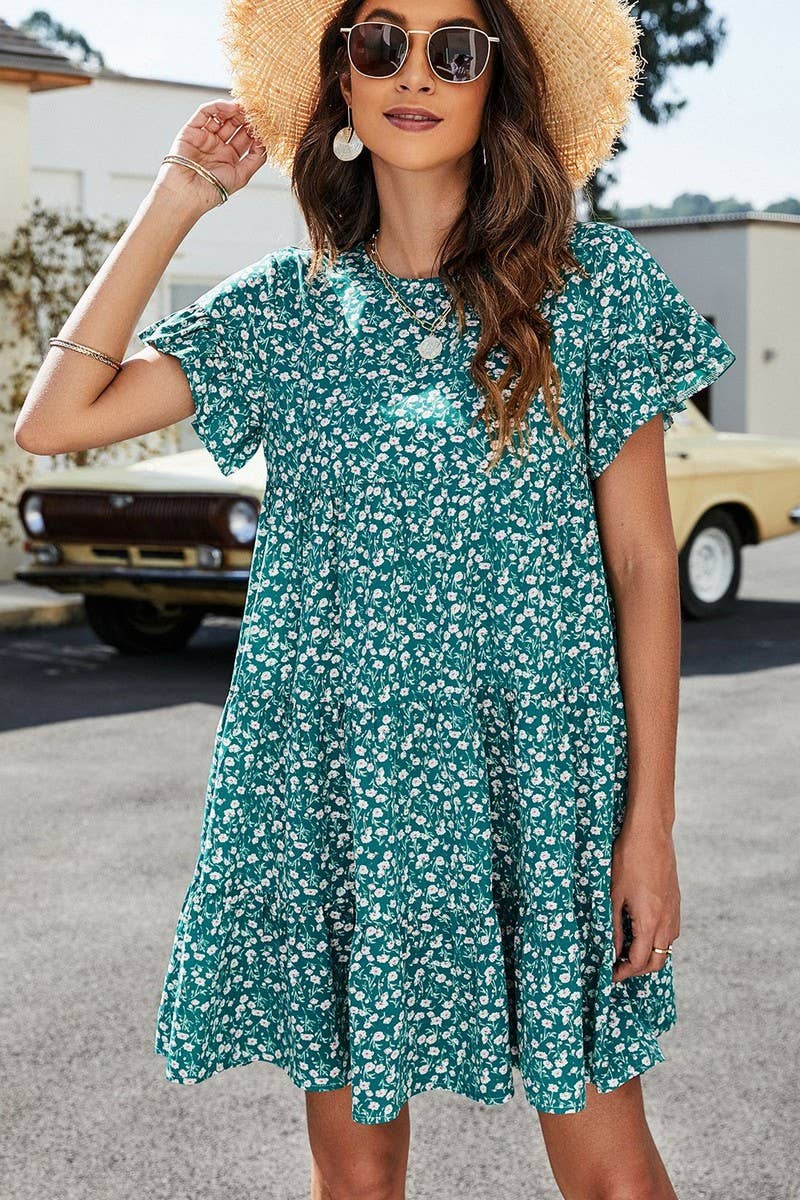CWDSD2702_Round neck Print Short Sleeve Dress