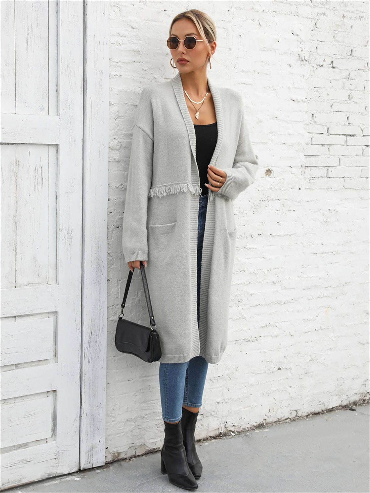 LONG CARDIGAN POCKET STYLE FRINGE COAT SWEATER