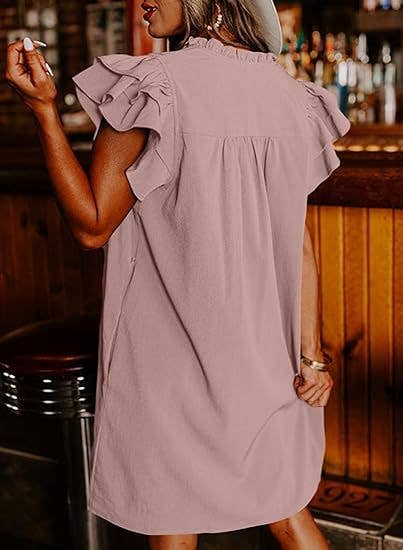 Fashionable V-neck ruffled short-sleeved dress