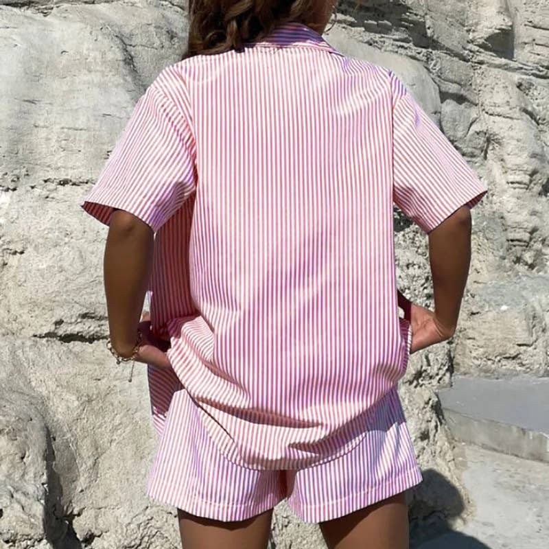 Striped Short Sleeve Top and Shorts Two-Piece Set
