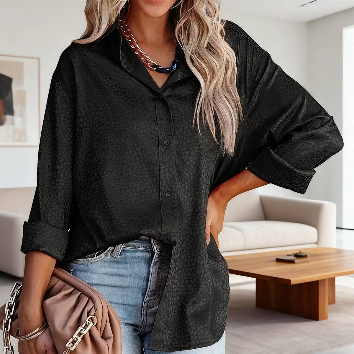Elegant satin gravel pattern long-sleeved shirt