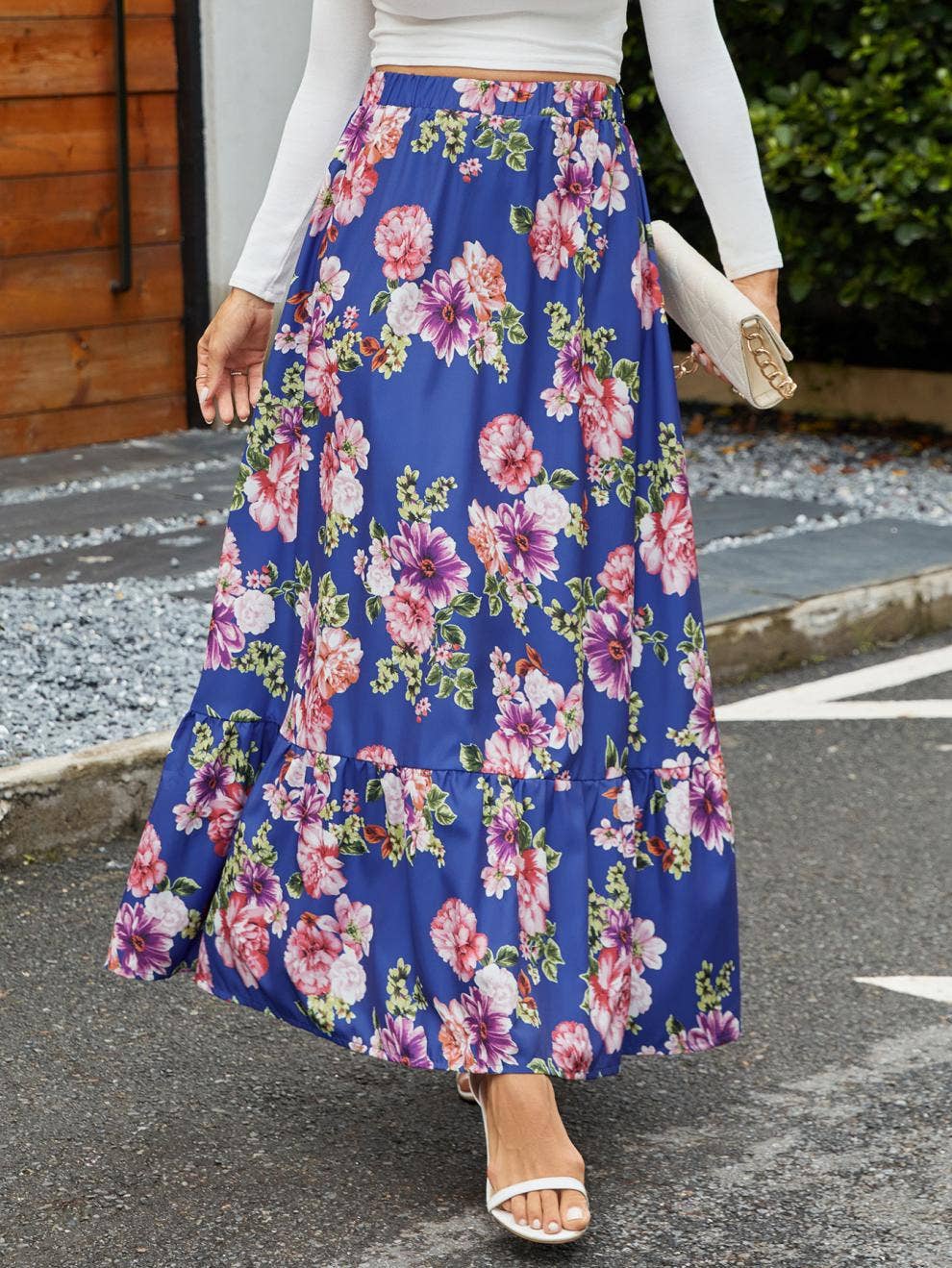 A long skirt with a high waist and ruffled hem
