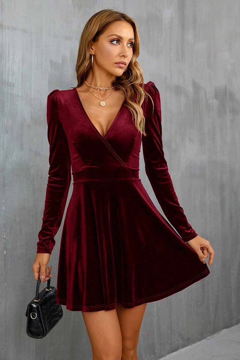 CWDSD6466_V-NECK LEG-OF-MUTTON SLEEVE A-LINE VELVET DRESS