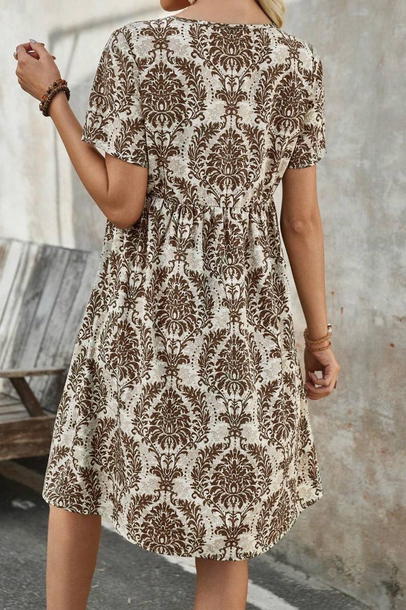 CWDSD4890_SUMMER V-NECK SHORT SLEEVE BOHO PRINT DRESS