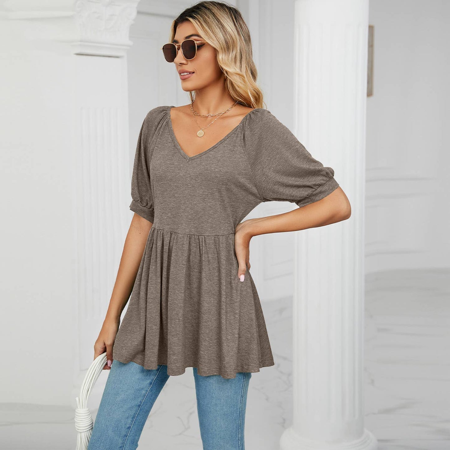 V-NECK BUBBLE SHORT SLEEVE T-SHIRT TUNIC