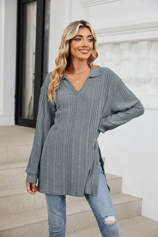 Solid-color V-neck long-sleeved loose slit Top