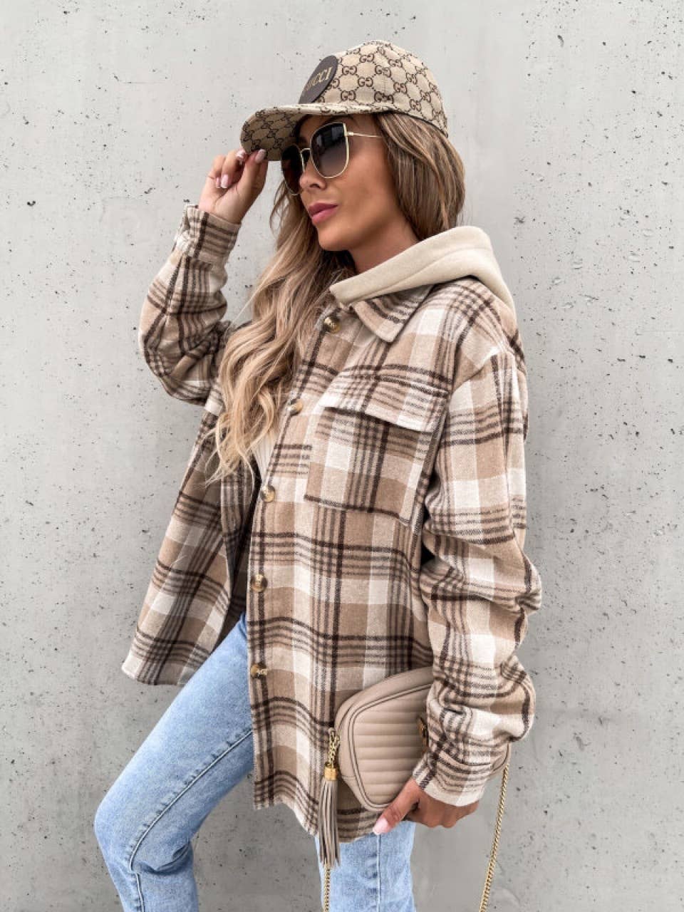 LAPEL LOOSE HOODED (REMOVABLE) PLAID WOOLEN COAT