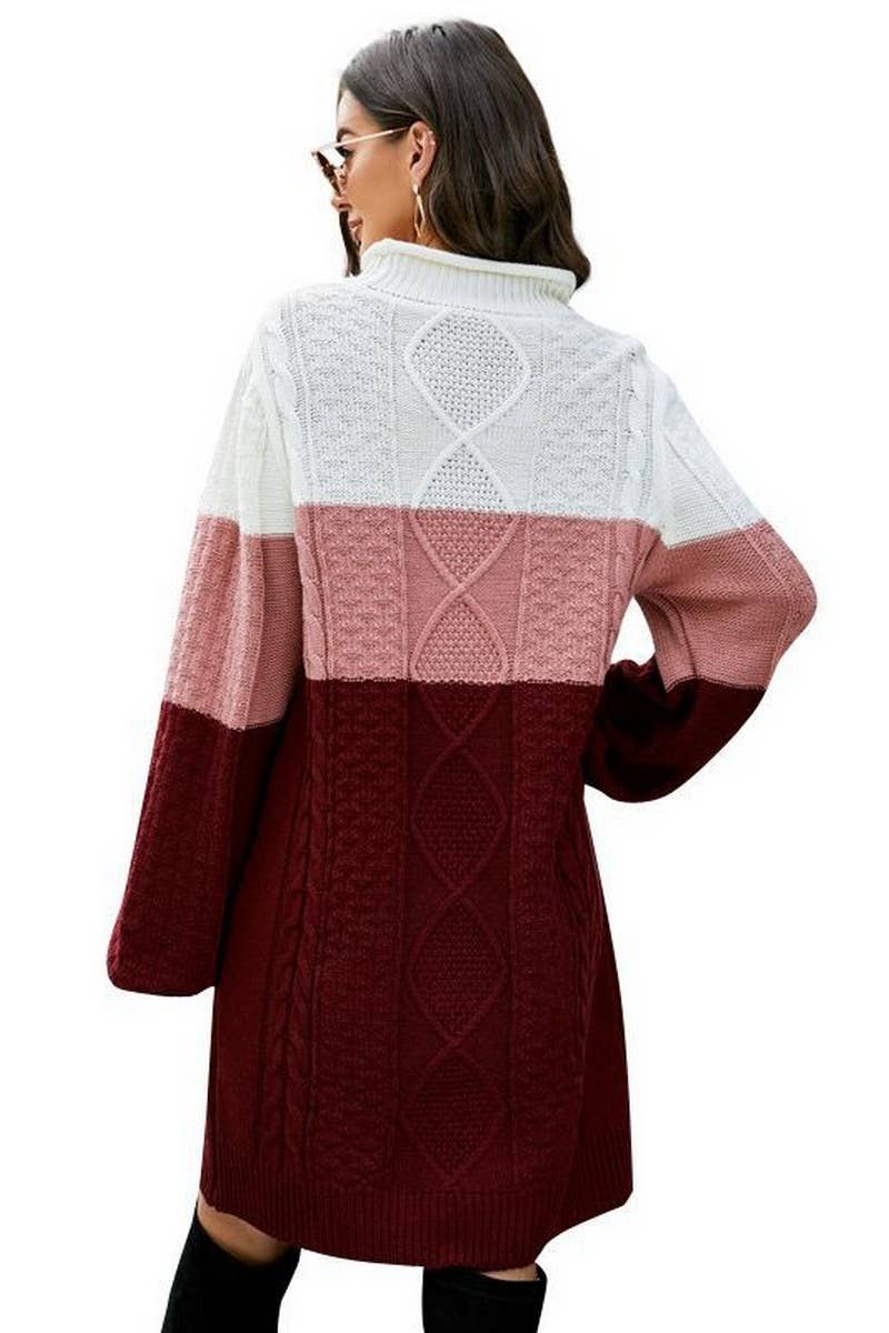 CWDSD5248_ROUND NECK LOOSE CONTRAST COLOR SWEATER DRESS