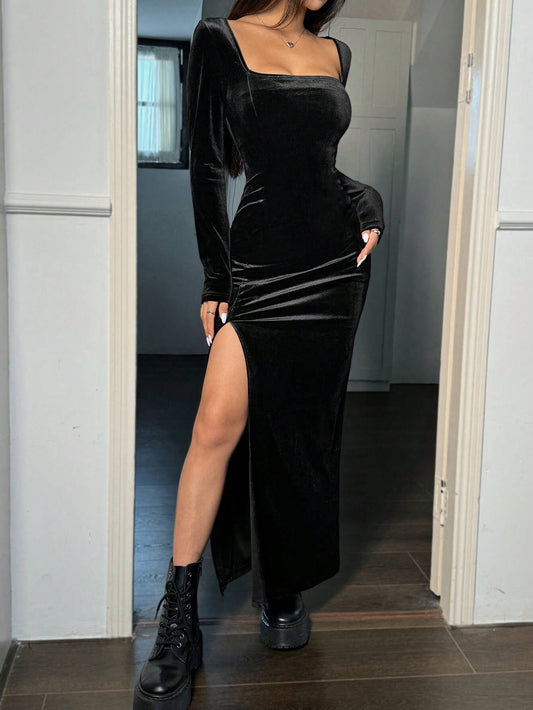 LONG SLEEVE VELVET HIGH WAIST SQUARE COLLAR DRESS