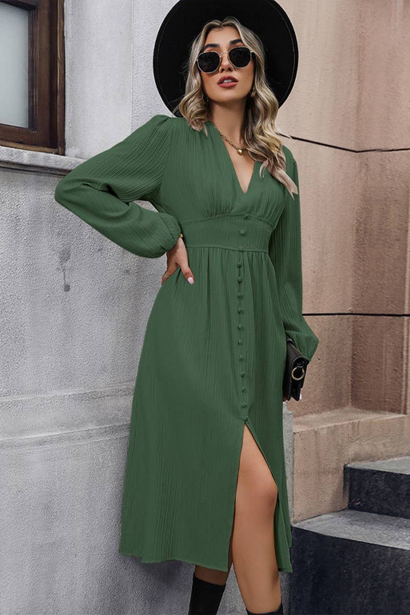 CWDMD3561_V-NECK SOLID COLOR LONG SLEEVE SLIT DRESS