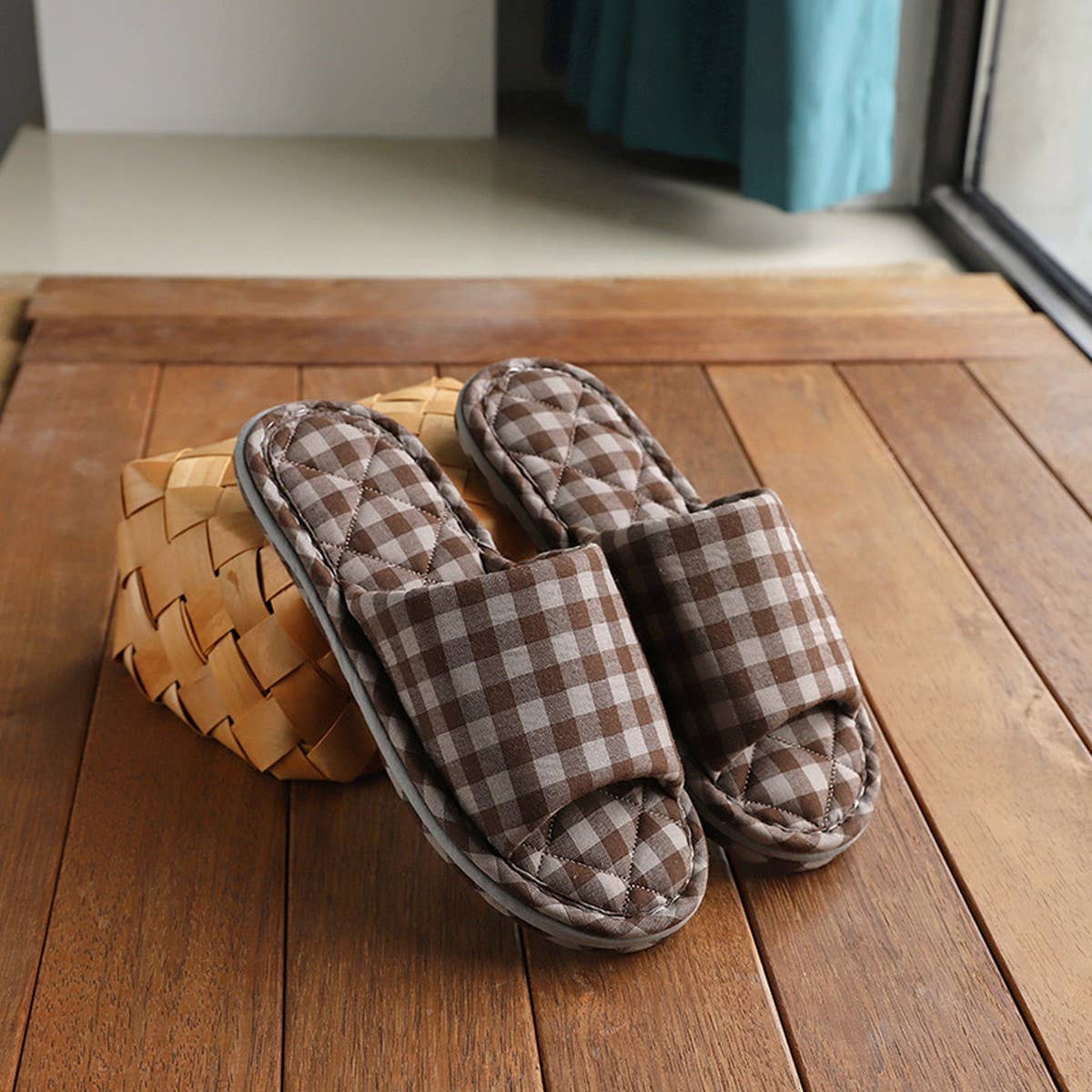 Plaid Cotton Slippers for Couples, Non-Slip_CWSHF0175