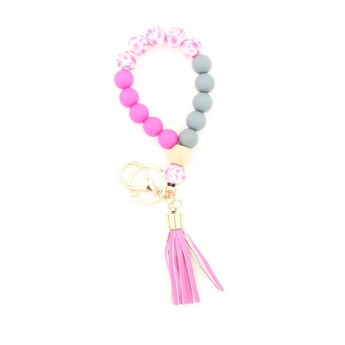 Silicone & Wood Bead Bracelet with Leather Keychain