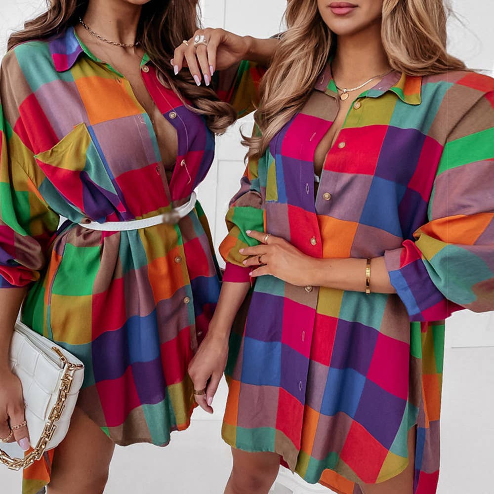 Loose casual plaid long-sleeved shirt dress