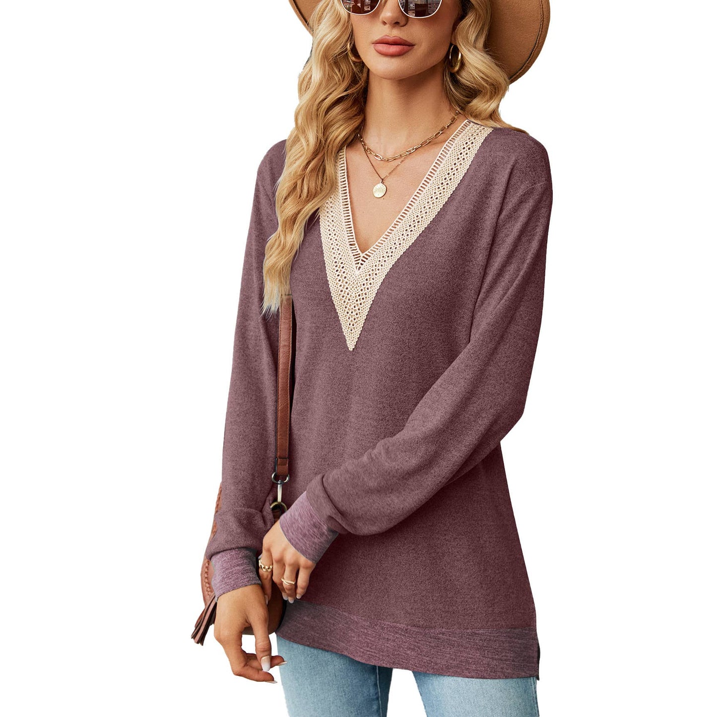 Lace V-neck contrasting color long-sleeved Top