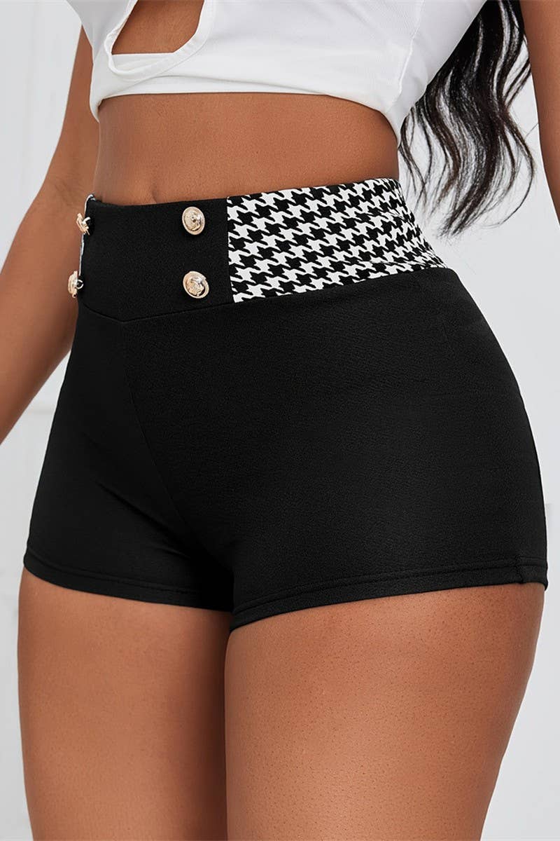 CWBSP0496_FASHION HOUNDSTOOTH SLIM HIGH WAIST STRETCH SHORTS