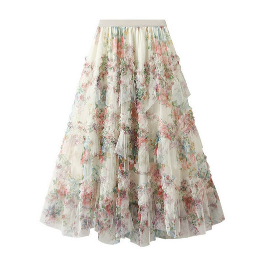 Colorful Floral Mesh Paneled Tiered Skirt