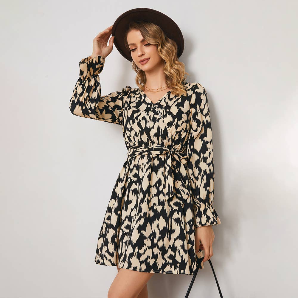 LACE-UP PRINT SLIT V-NECK LONG-SLEEVED DRESS