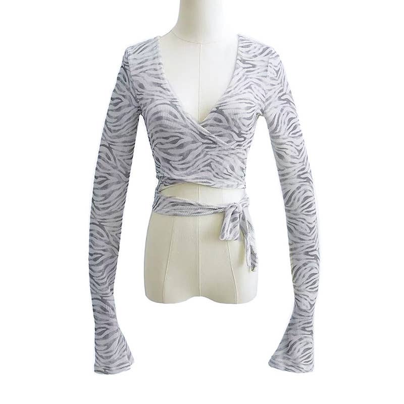 Sexy Zebra Print V-Neck Tie Front Open Cardigan