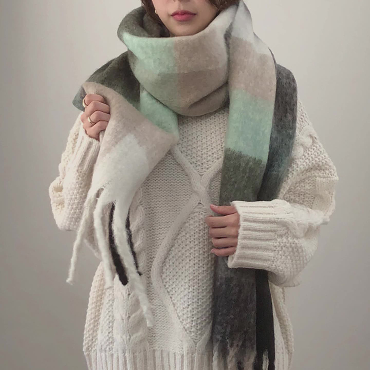 Faux Cashmere Plaid Scarf ? Thick Fringed Wrap