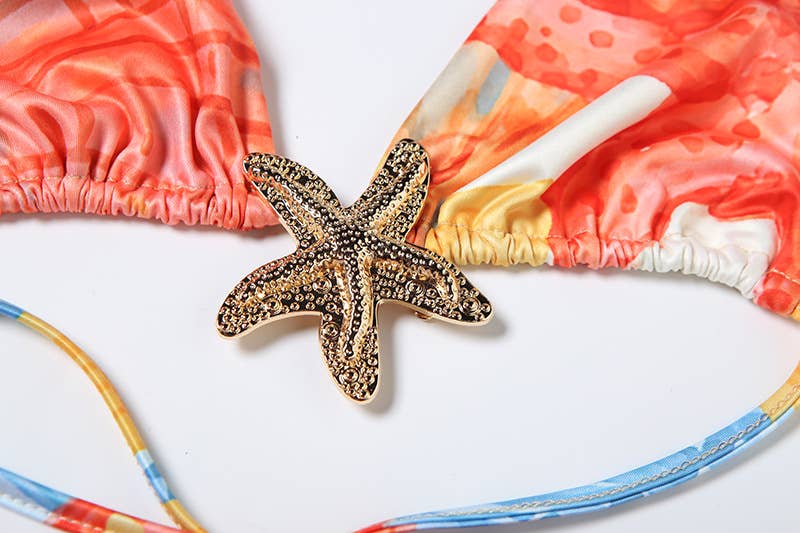 Sexy Tie Front Printed Bikini Three-Piece Set