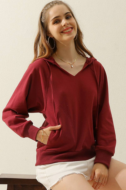 CWOHOL446_V NECK COTTON HOOIDE SWEATSHIRT CASUAL TOP