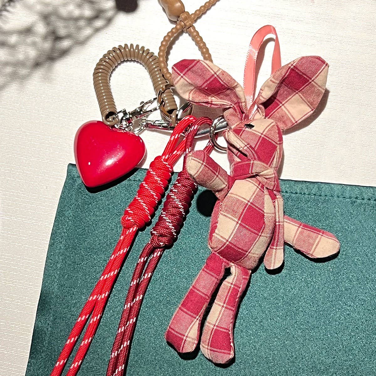 Plaid Bunny Keychain with Resin Heart Charm_CWMM7637