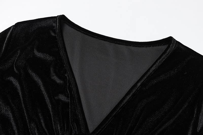 V-NECK FANNY PACK HIP LONG SLEEVE VELVET DRESS