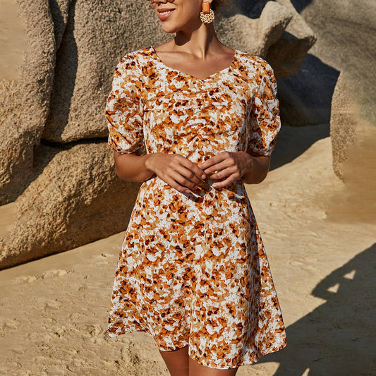 Mid-sleeved, high-waisted A-line dress_CWDSD3397