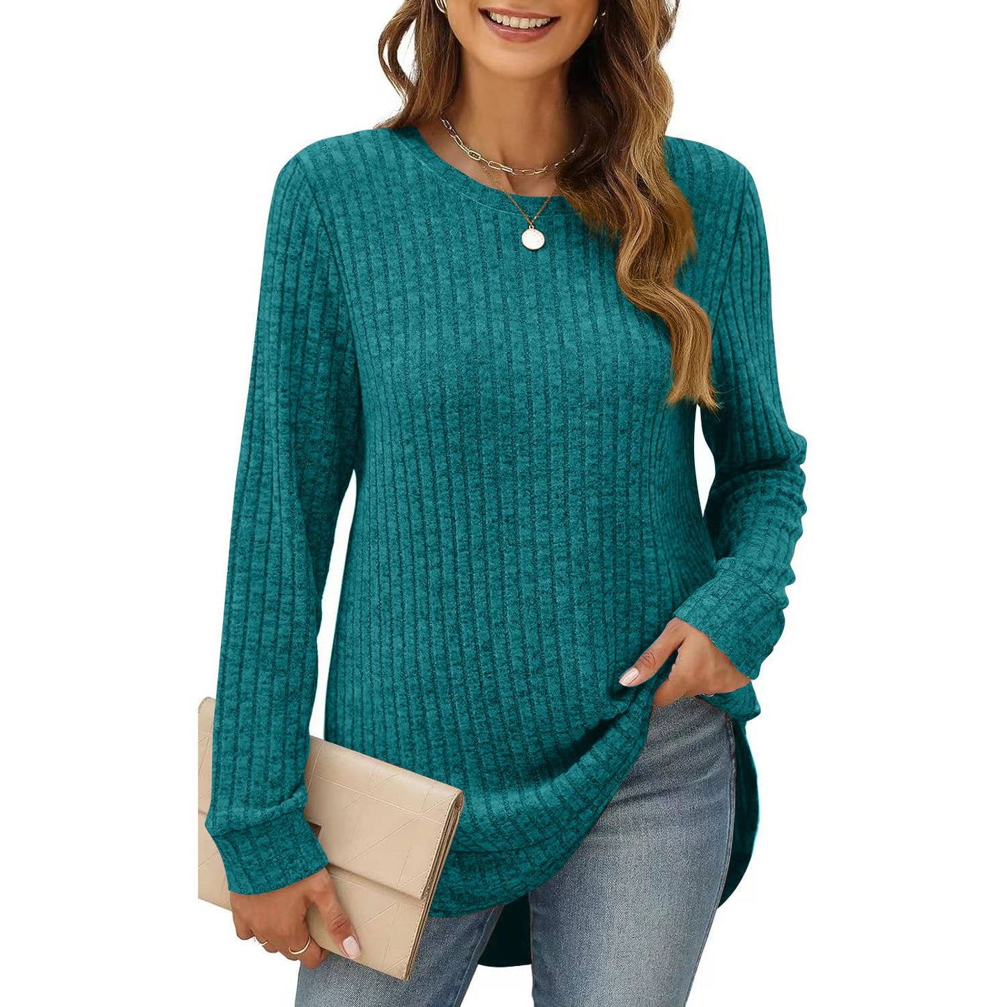 SOLID COLOR ROUND NECK LONG SLEEVE BRUSHED SHIRT