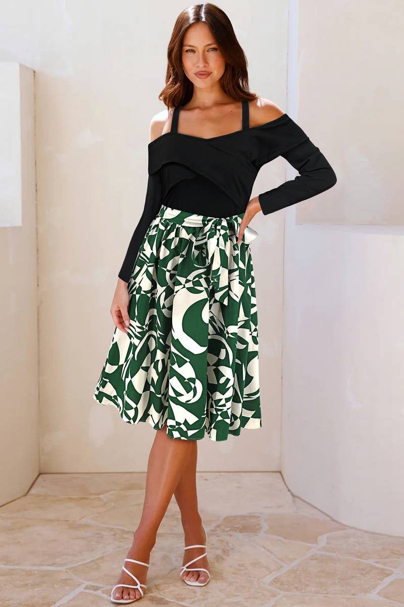 CWDSD8652_FLORAL OFF SHOULDER LONG SLEEVE A-LINE DRESS