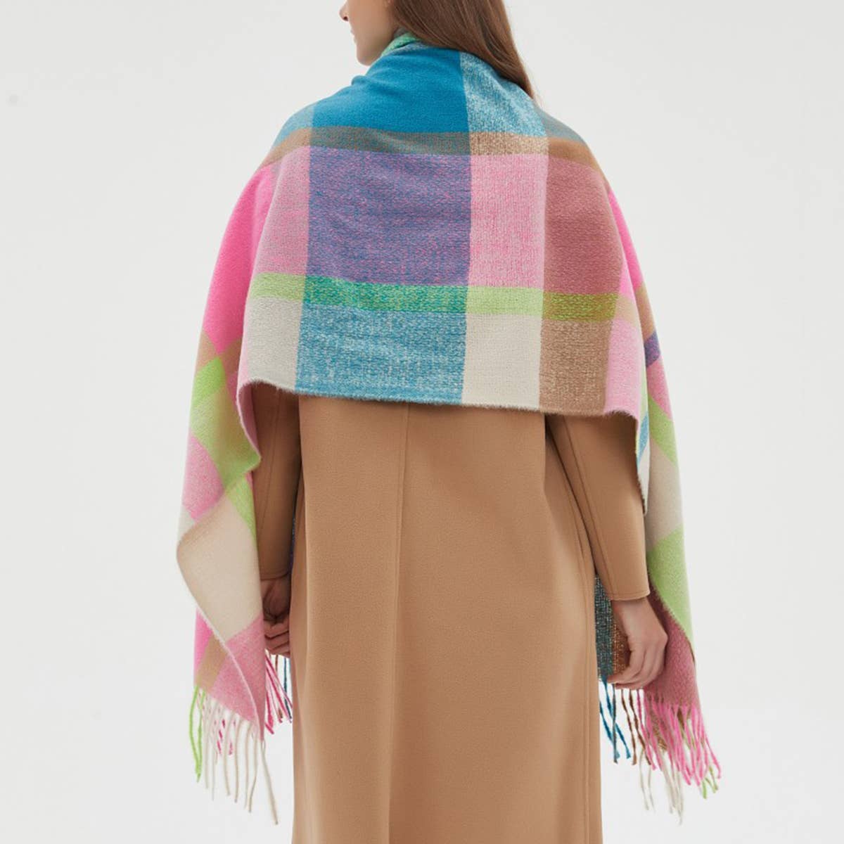 Rainbow Plaid Scarf - Thick Winter Tassel Wrap_CWASC0124