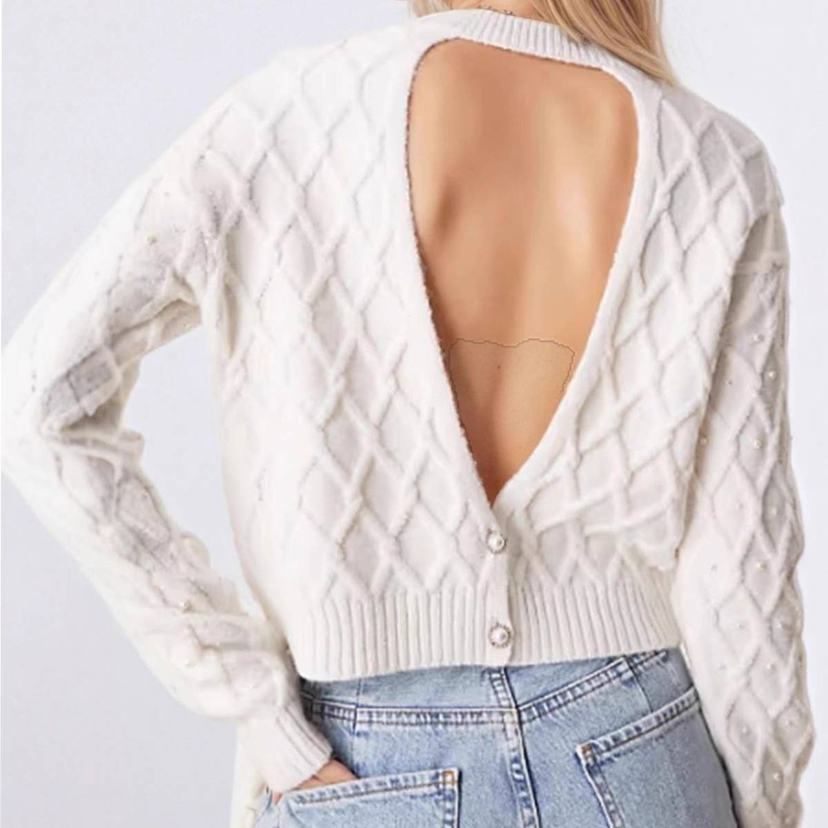 Round-neck backless solid-color knitted sweater
