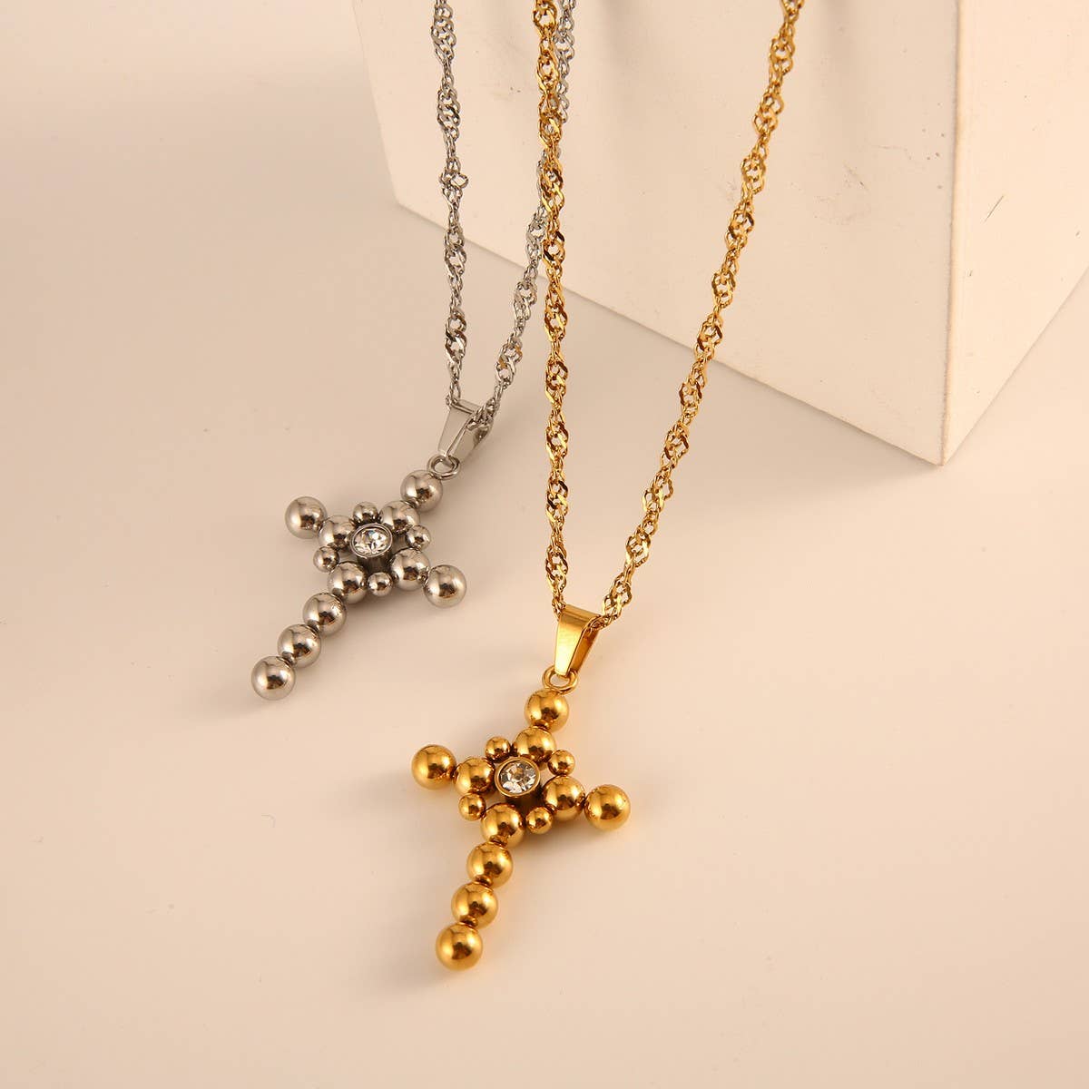 Minimalist Steel Bead Cross Necklace with Zircon