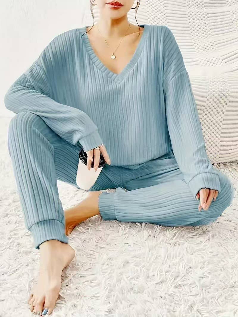 PIT-TRIMMED V-NECK LOOSE LACE-UP TOP PANTS SUIT