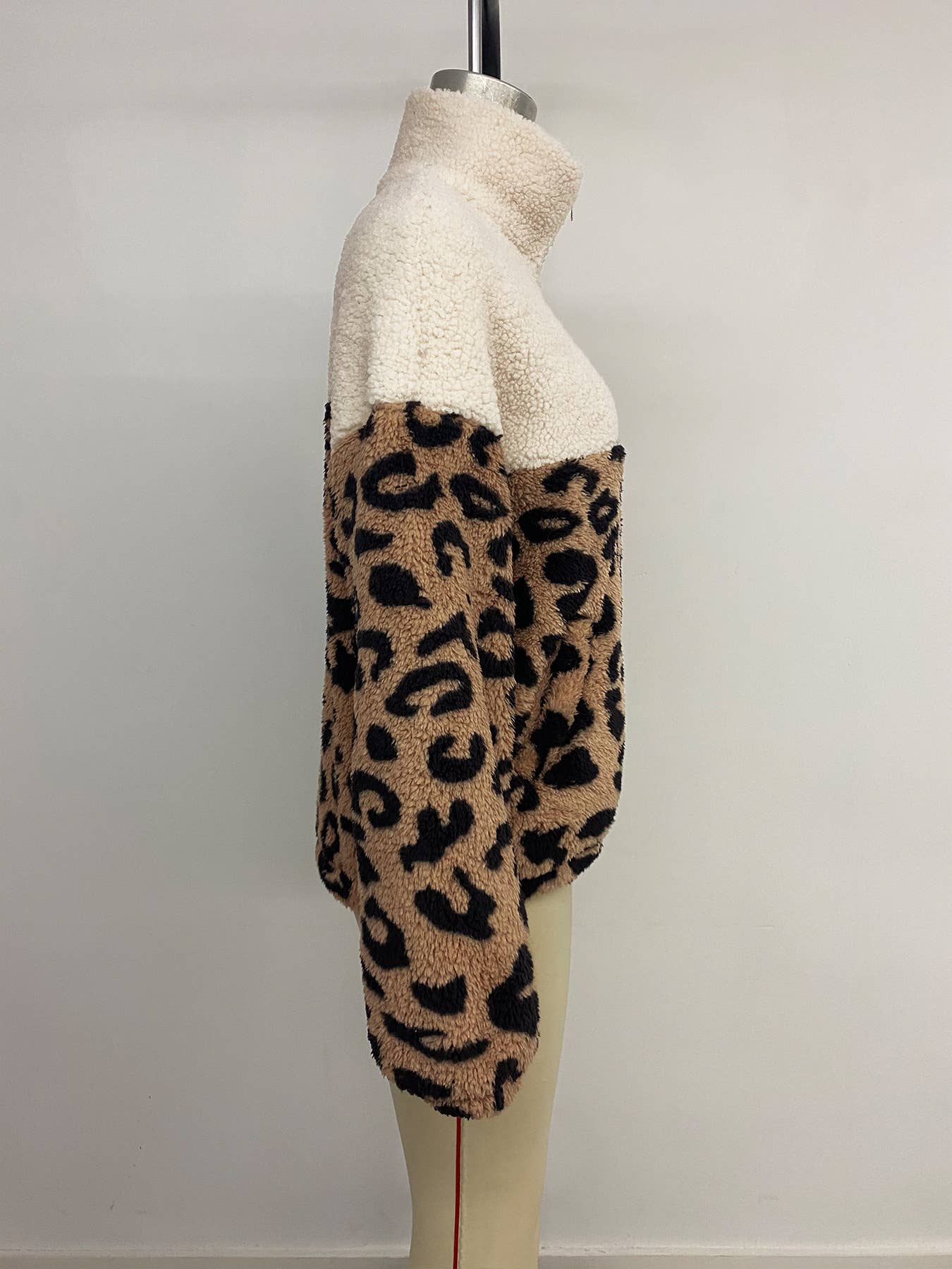 Leopard print color-blocked polar fleece coat