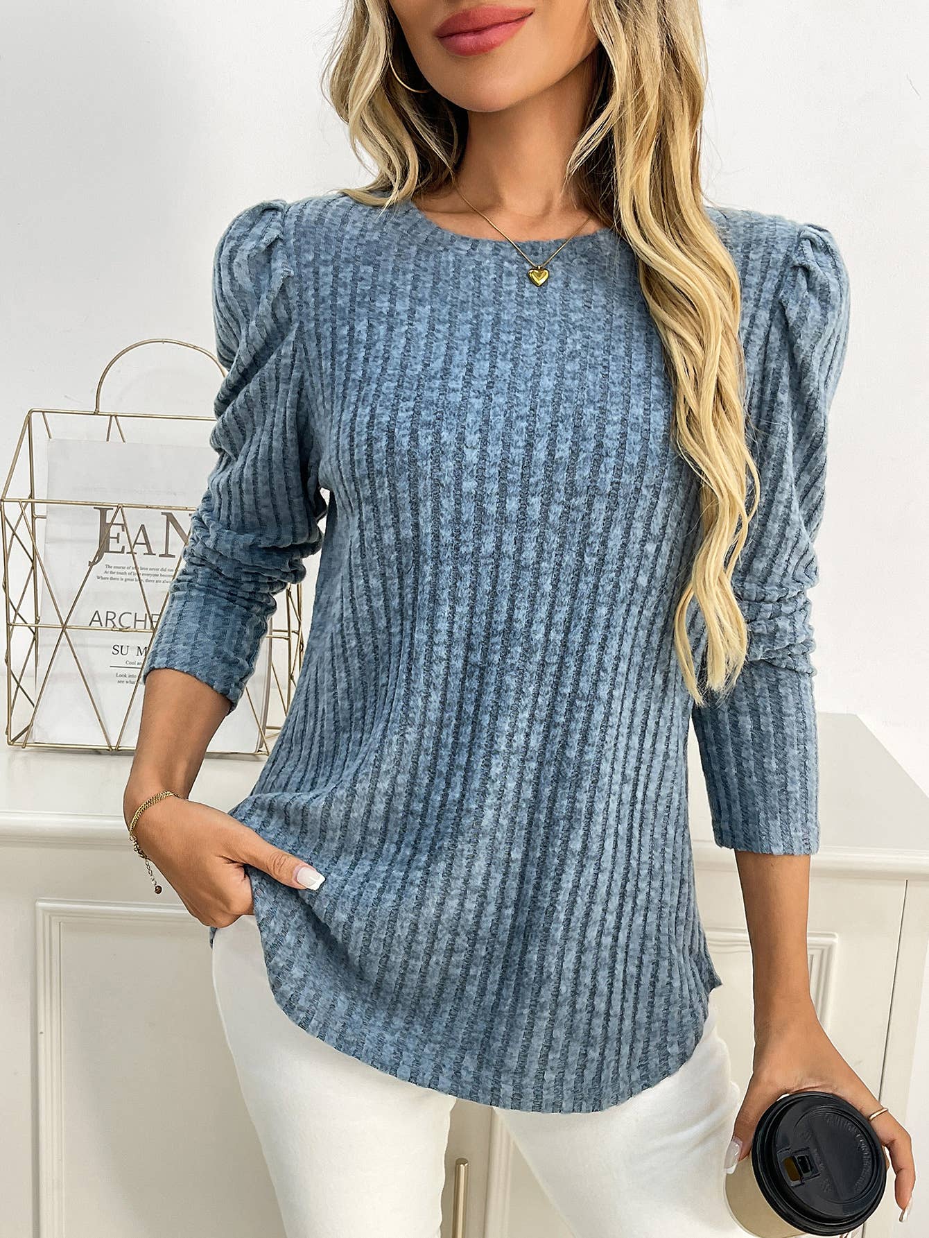 Round-neck puffed-sleeve brushed striped T-shirt