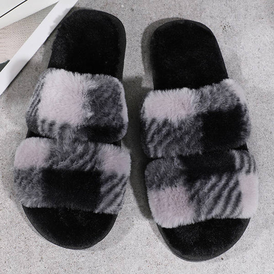 HOME TWO-COLOR PLAID PLUSH SLIPPERS